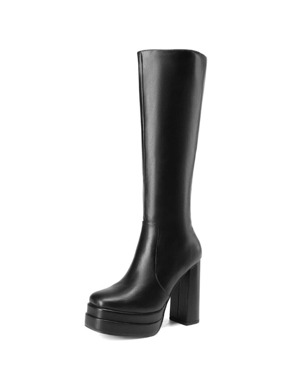 Women's Black Platform Heeled Knee High Boots Long Chunky Tall Gogo Boots